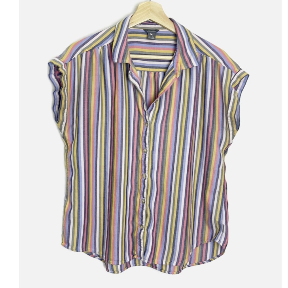 Striped Button-Front Cap Sleeve Shirt - Multicolor
